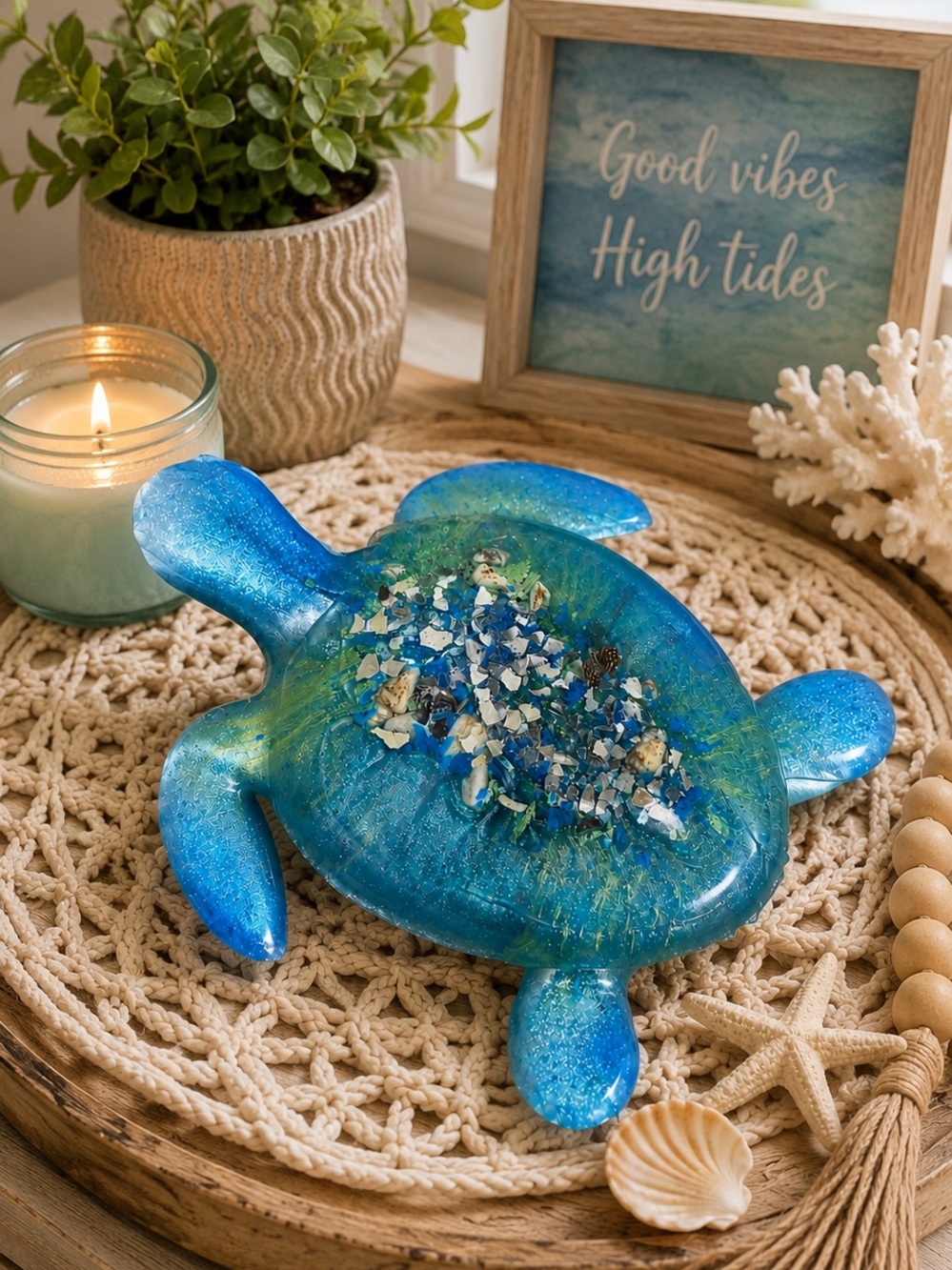 Handcrafted Blue Sea Turtle Accent Decor - Coastal Home Accent